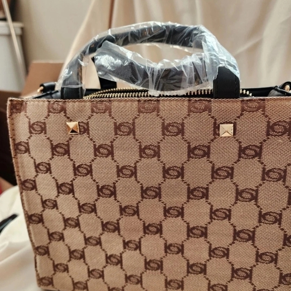 Bebe Los Angeles Talulla Mini Tan and Black Logo Tote - Picture 8 of 10